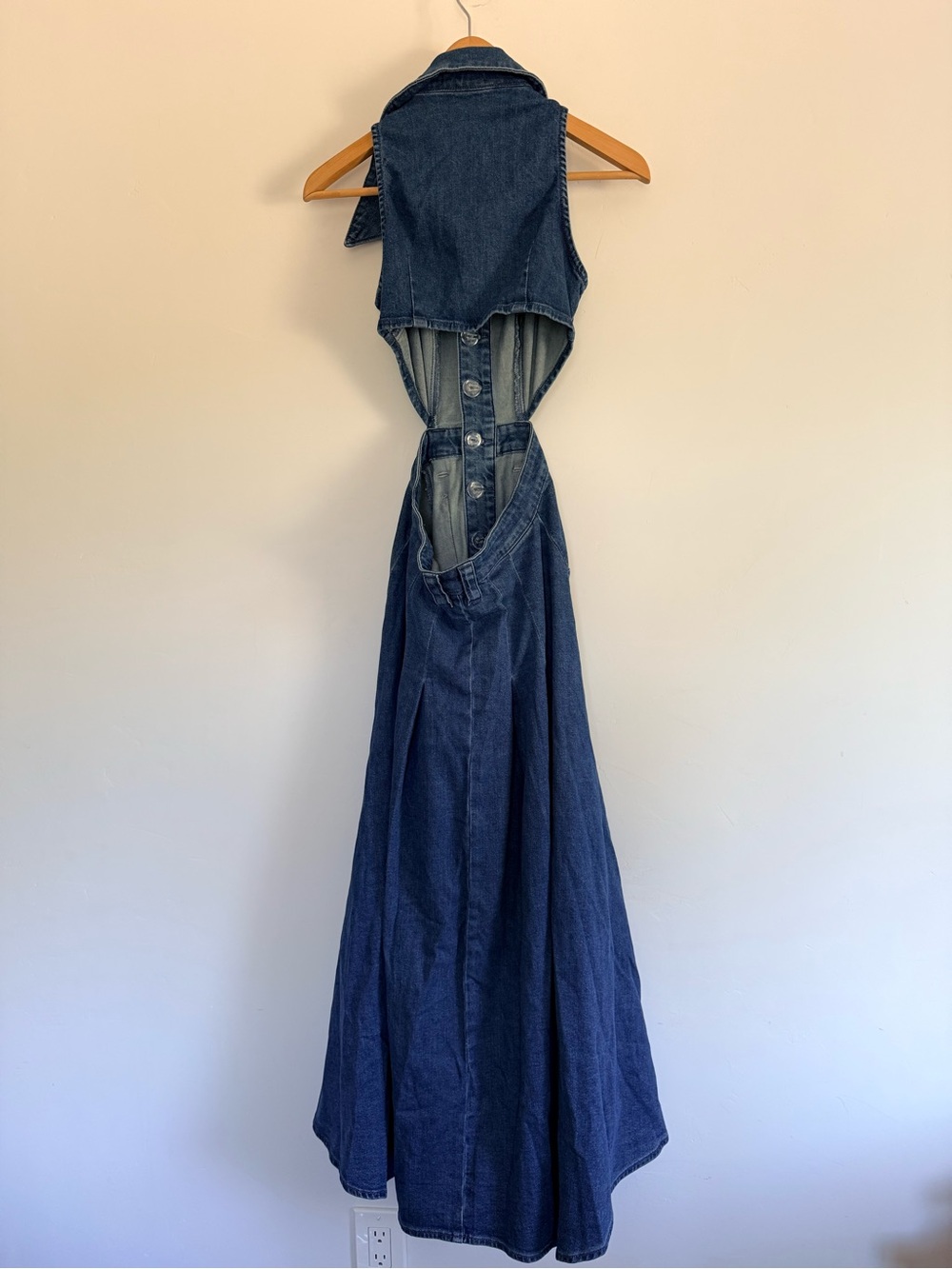 Urban Revivo Cutout Denim Maxi Dress XS Dark Wash Sleeveless Belted Statement - Picture 3 of 5